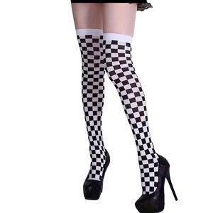 Over The Knee Black & White Checkered Socks Thigh High Stockings Y2K Cosplay